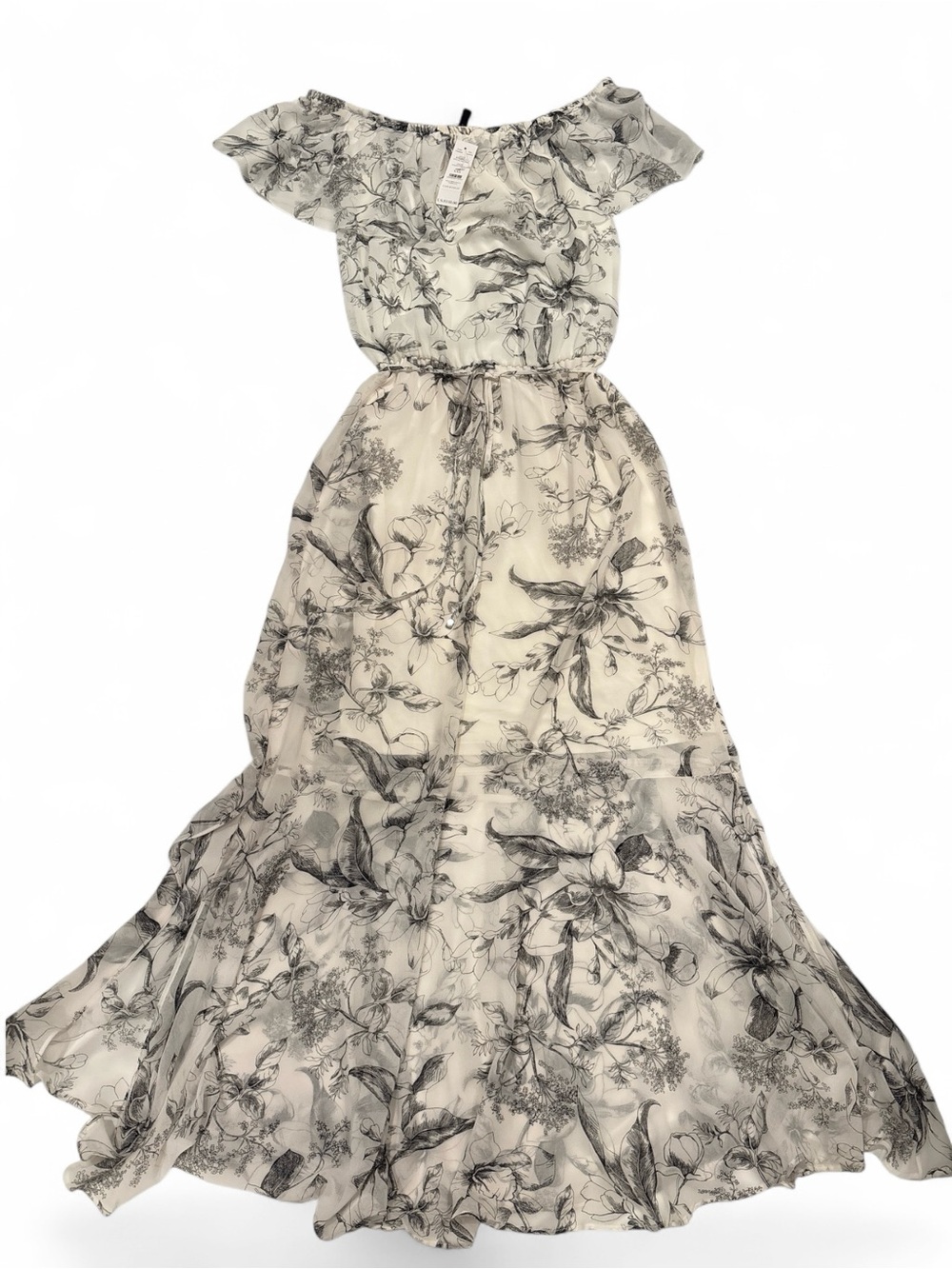 White House Black Market White Off Shoulder Maxi Dress Black Floral Print SZ XXS